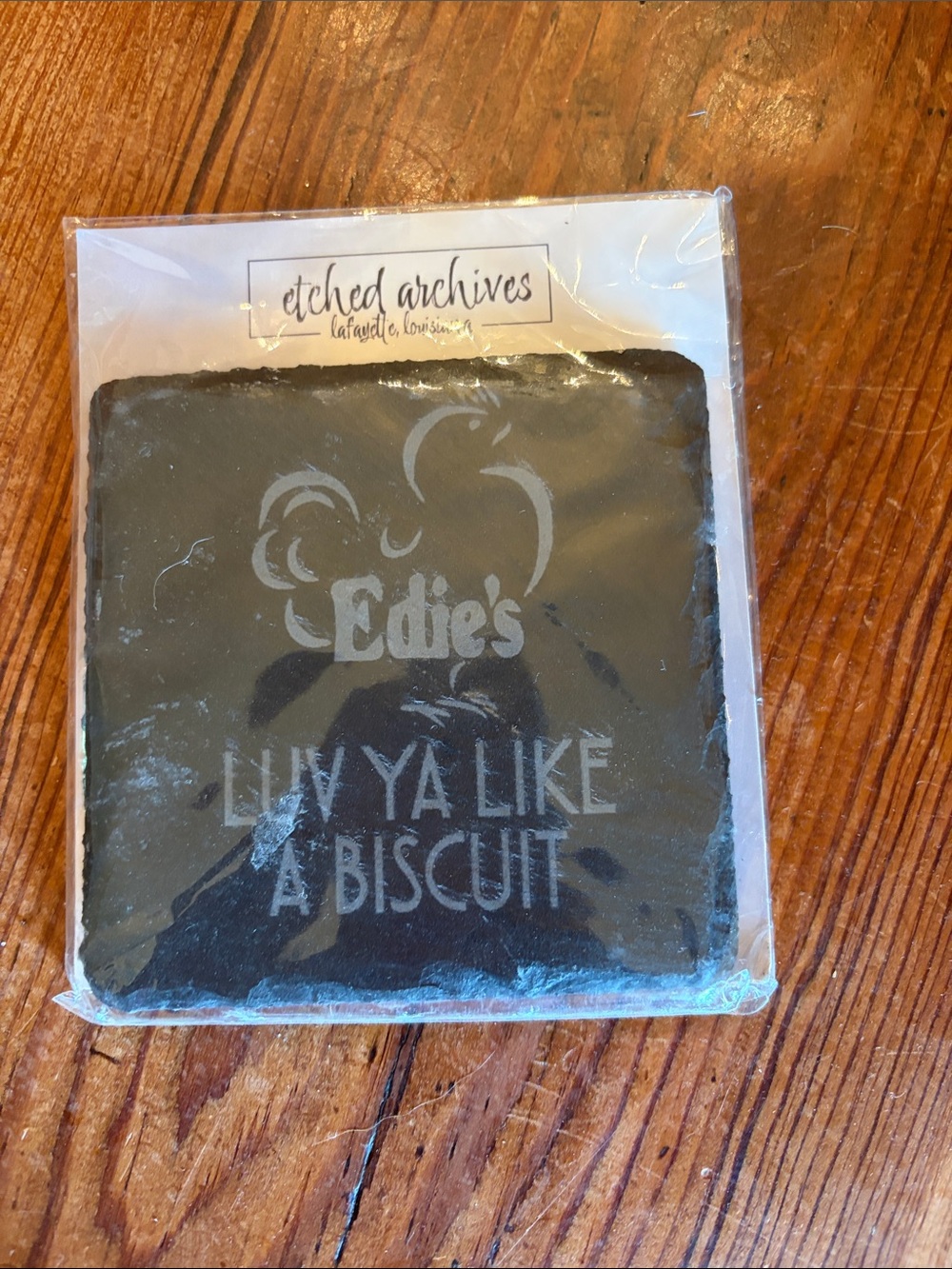 Etched Archives Black Slate Coaster - "Edie's Luv Ya Like A Biscuit"
